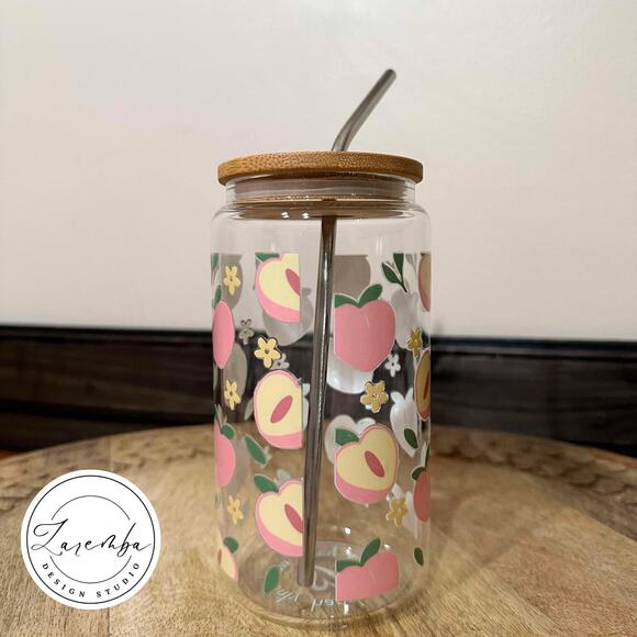 Peach Libbey Sipper Glass, Peach Beer Can Coffee Cup, Summer Fruit Handmade New - Picture 4 of 5